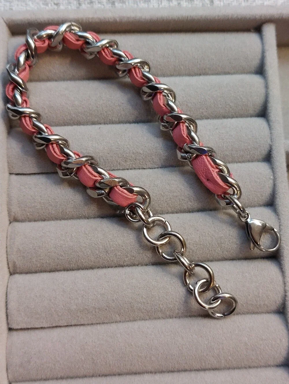 Stainless Steel Genuine Pink Leather Woven Chain Bracelet NEW